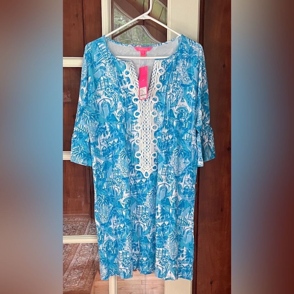 Lilly Pulitzer Amalfi Blue Krista  Dress with White Lace Accents
